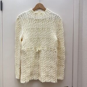 Handmade Crochet Womens Ivory Cable Knit Sweater Mock‎ Neck Long Sleeve Cottage